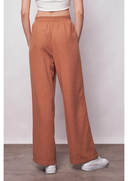Keten Yüksek Bel Beli Lastikli Yan Cepli Bol Paça Pantolon -Camel