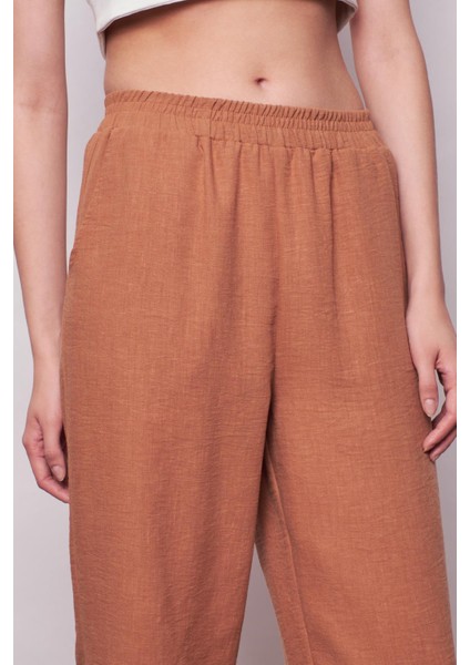 Keten Yüksek Bel Beli Lastikli Yan Cepli Bol Paça Pantolon -Camel