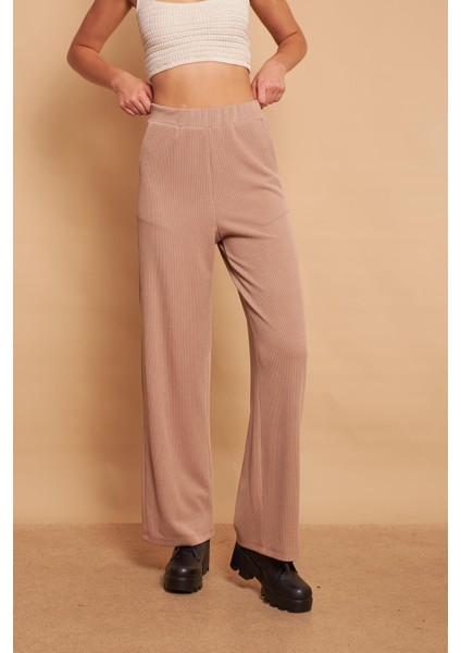 Yüksek Bel Yan Cepli Yürüyüş Triko Pantolon-Koyu Bej fiyatları