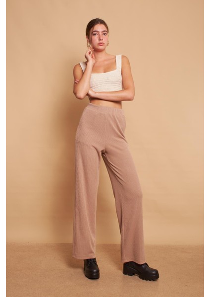 Yüksek Bel Yan Cepli Yürüyüş Triko Pantolon-Koyu Bej modelleri