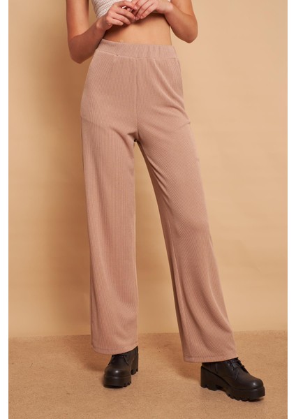 Yüksek Bel Yan Cepli Yürüyüş Triko Pantolon-Koyu Bej fırsatları