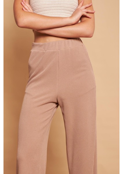 Yüksek Bel Yan Cepli Yürüyüş Triko Pantolon-Koyu Bej indirimleri