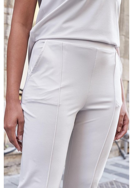 Kadın Modal Ipeksi Likralı Kumaş Yüksek Bel Önden Dikişli Cepli Dar Paça Pantolon-Taş indirimleri