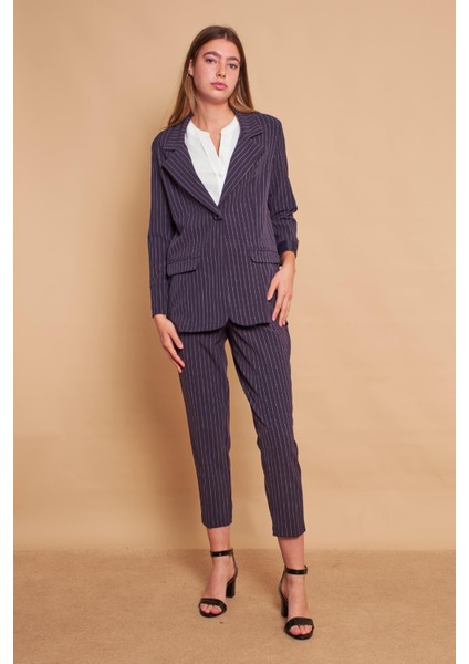 Desenli Havuç Yüksek Bel Pileli Cepli Boyfriend Şık Kumaş Pantolon-Lacivert Çizgi