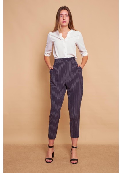 Desenli Havuç Yüksek Bel Pileli Cepli Boyfriend Şık Kumaş Pantolon-Lacivert Çizgi modelleri