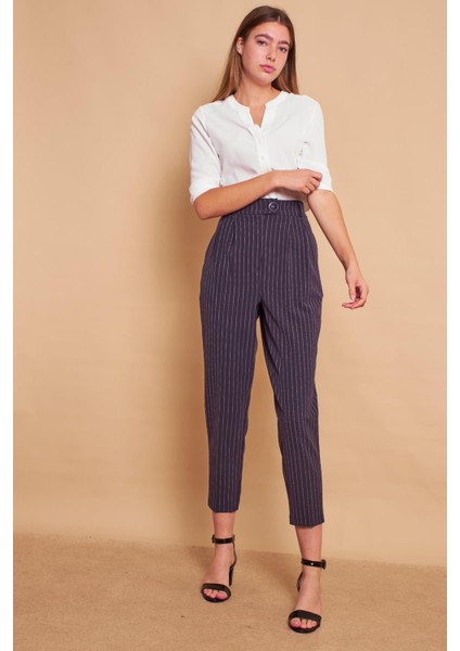 Desenli Havuç Yüksek Bel Pileli Cepli Boyfriend Şık Kumaş Pantolon-Lacivert Çizgi fırsatları