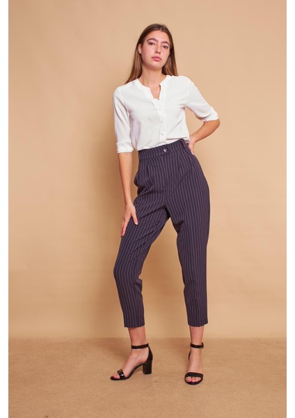 Desenli Havuç Yüksek Bel Pileli Cepli Boyfriend Şık Kumaş Pantolon-Lacivert Çizgi indirimleri