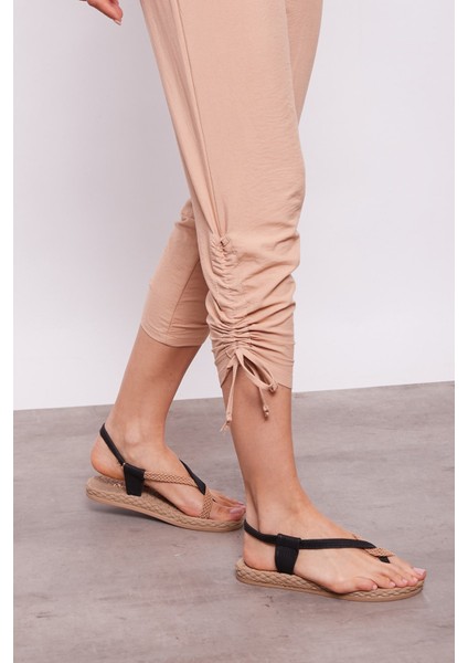 Iç Göstermez Viskon Poplin Beli Lastikli Cepli Paçası Büzgülü Rahat Pantolon -Açık Camel