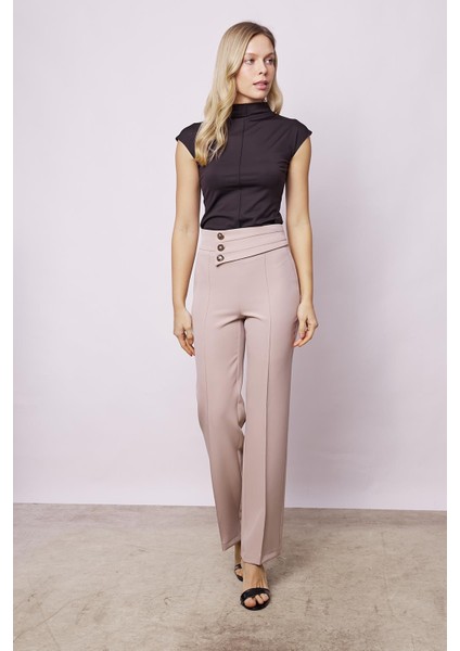 Kadın Yüksek Bel Önü Dikişli Kemeri Düğmeli Rahat Paça Hafif Likralı Kumaş Ofis Pantolon-Taş