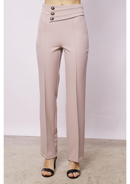 Kadın Yüksek Bel Önü Dikişli Kemeri Düğmeli Rahat Paça Hafif Likralı Kumaş Ofis Pantolon-Taş fiyatları