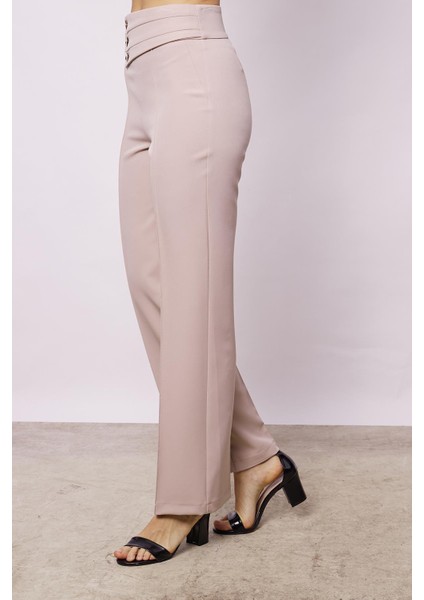 Kadın Yüksek Bel Önü Dikişli Kemeri Düğmeli Rahat Paça Hafif Likralı Kumaş Ofis Pantolon-Taş modelleri