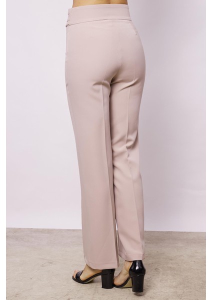 Kadın Yüksek Bel Önü Dikişli Kemeri Düğmeli Rahat Paça Hafif Likralı Kumaş Ofis Pantolon-Taş fırsatları