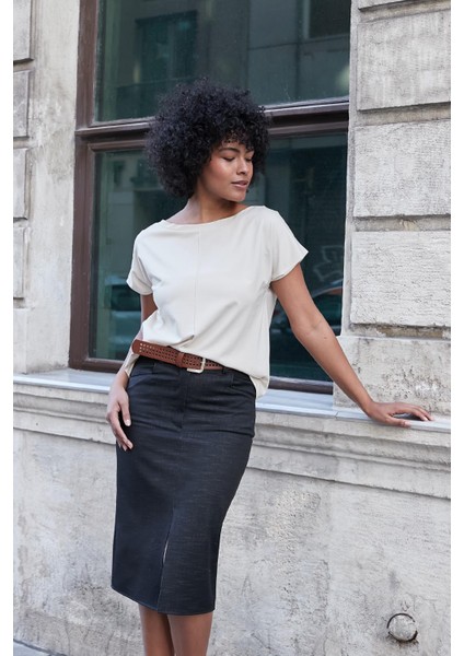 Deri Kemerli Yüksek Bel Cepli Önden Yırtmaçlı Dizaltı Kalın Kumaş Kalem Etek(Kemer Dahil)-Siyah modelleri