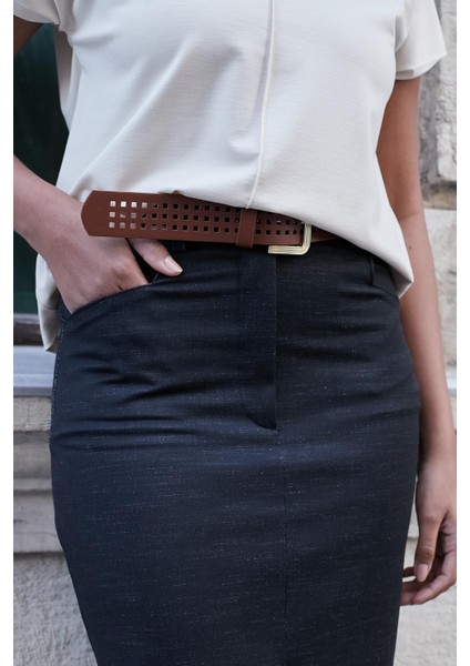 Deri Kemerli Yüksek Bel Cepli Önden Yırtmaçlı Dizaltı Kalın Kumaş Kalem Etek(Kemer Dahil)-Siyah indirimleri