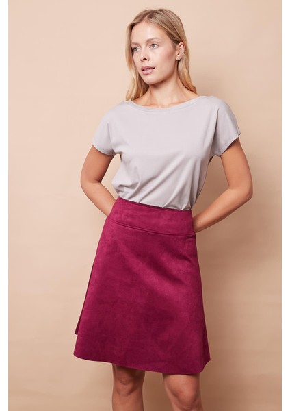 Hafif Likralı Süet Kumaş Yüksek Bel Diz Üstü Kısa Kiloş Etek-Bordo