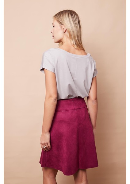 Hafif Likralı Süet Kumaş Yüksek Bel Diz Üstü Kısa Kiloş Etek-Bordo fiyatları