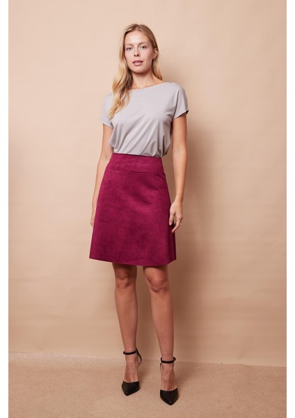 Hafif Likralı Süet Kumaş Yüksek Bel Diz Üstü Kısa Kiloş Etek-Bordo modelleri