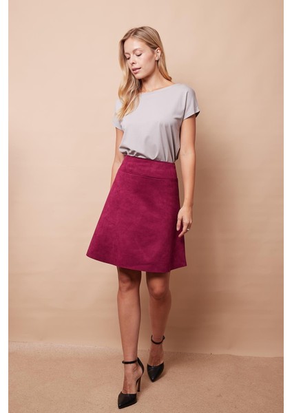 Hafif Likralı Süet Kumaş Yüksek Bel Diz Üstü Kısa Kiloş Etek-Bordo fırsatları