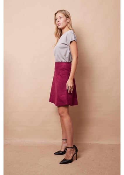 Hafif Likralı Süet Kumaş Yüksek Bel Diz Üstü Kısa Kiloş Etek-Bordo indirimleri