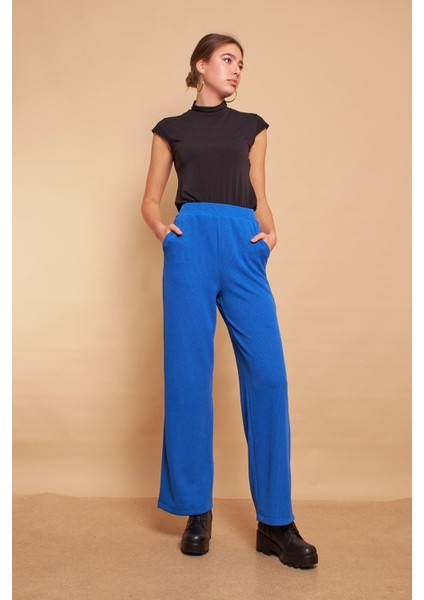 Yüksek Bel Yan Cepli Yürüyüş Triko Pantolon- Sax