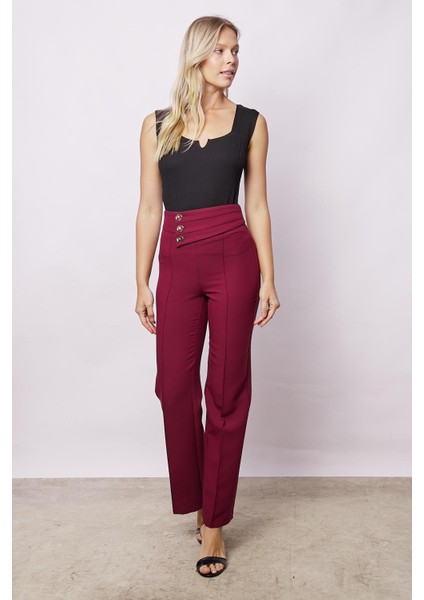 Kadın Yüksek Bel Önü Dikişli Kemeri Düğmeli Rahat Paça Hafif Likralı Kumaş Ofis Pantolon-Bordo