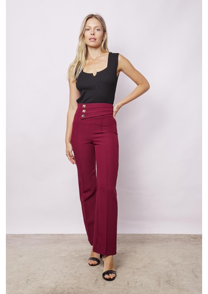Kadın Yüksek Bel Önü Dikişli Kemeri Düğmeli Rahat Paça Hafif Likralı Kumaş Ofis Pantolon-Bordo fiyatları