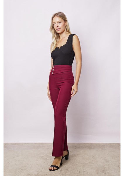 Kadın Yüksek Bel Önü Dikişli Kemeri Düğmeli Rahat Paça Hafif Likralı Kumaş Ofis Pantolon-Bordo modelleri