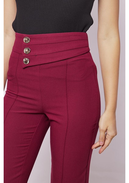Kadın Yüksek Bel Önü Dikişli Kemeri Düğmeli Rahat Paça Hafif Likralı Kumaş Ofis Pantolon-Bordo fırsatları