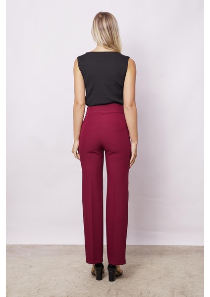 Kadın Yüksek Bel Önü Dikişli Kemeri Düğmeli Rahat Paça Hafif Likralı Kumaş Ofis Pantolon-Bordo indirimleri