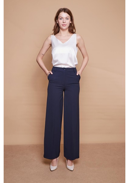 Yüksek Bel Yan Cepli Bol Paça Palazzo Pantolon -Lacivert
