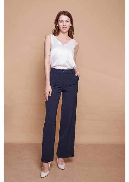 Yüksek Bel Yan Cepli Bol Paça Palazzo Pantolon -Lacivert fiyatları