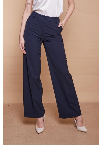 Yüksek Bel Yan Cepli Bol Paça Palazzo Pantolon -Lacivert modelleri