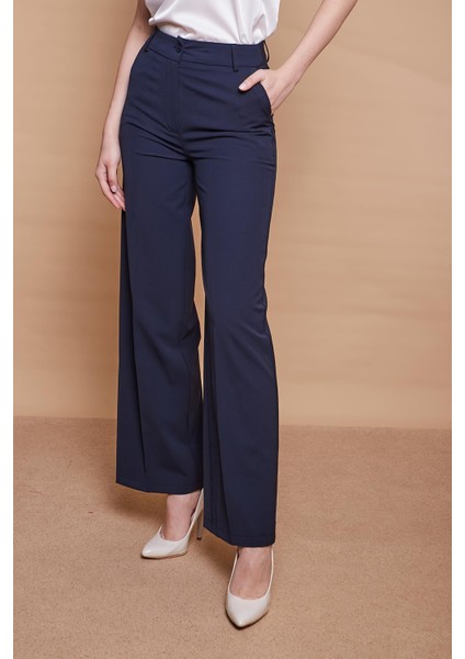 Yüksek Bel Yan Cepli Bol Paça Palazzo Pantolon -Lacivert fırsatları