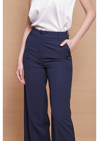 Yüksek Bel Yan Cepli Bol Paça Palazzo Pantolon -Lacivert indirimleri
