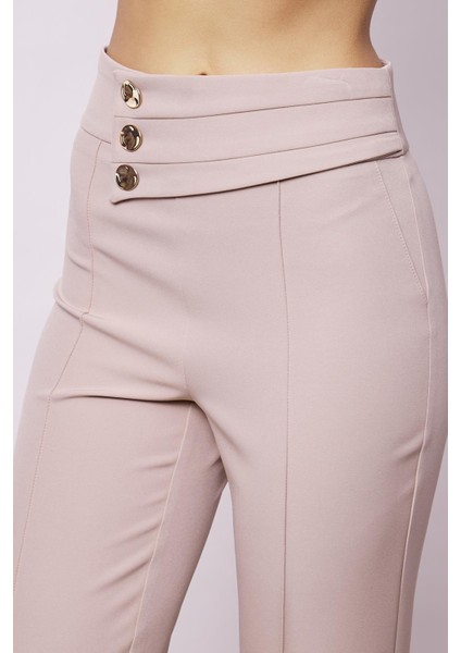 Kadın Yüksek Bel Önü Dikişli Kemeri Düğmeli Rahat Paça Hafif Likralı Kumaş Ofis Pantolon-Taş indirimleri