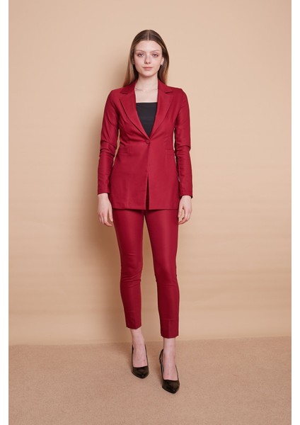 Yüksek Bel Cepli Paçası Yırtmaçlı Bilek Boy Hafif Likralı Kumaş Şık Ofis Pantolon-Bordo