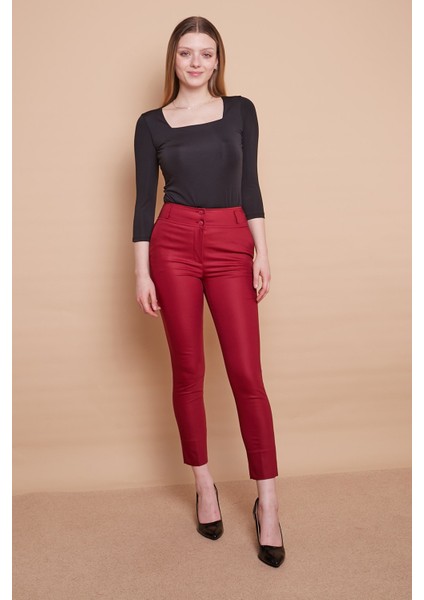 Yüksek Bel Cepli Paçası Yırtmaçlı Bilek Boy Hafif Likralı Kumaş Şık Ofis Pantolon-Bordo fiyatları