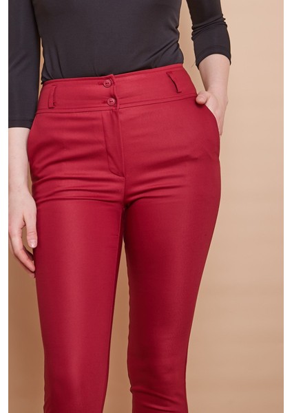 Yüksek Bel Cepli Paçası Yırtmaçlı Bilek Boy Hafif Likralı Kumaş Şık Ofis Pantolon-Bordo modelleri