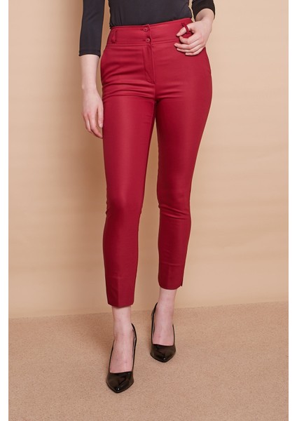 Yüksek Bel Cepli Paçası Yırtmaçlı Bilek Boy Hafif Likralı Kumaş Şık Ofis Pantolon-Bordo indirimleri