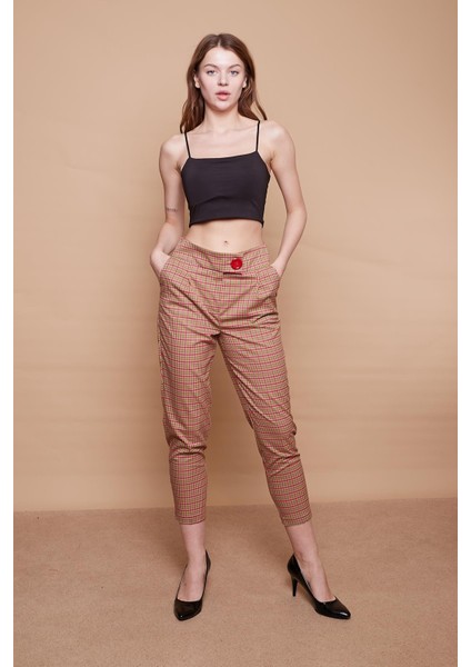 Ekoseli Yüksek Bel Kalın Kemerli Yan Cepli Pileli Havuç Paça Hafif Likralı Kumaş Pantolon-Yeşil Ekose