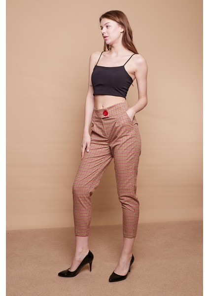 Ekoseli Yüksek Bel Kalın Kemerli Yan Cepli Pileli Havuç Paça Hafif Likralı Kumaş Pantolon-Yeşil Ekose