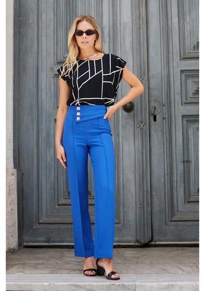 Kadın Yüksek Bel Önü Dikişli Kemeri Düğmeli Rahat Paça Hafif Likralı Kumaş Ofis Pantolon-Saks