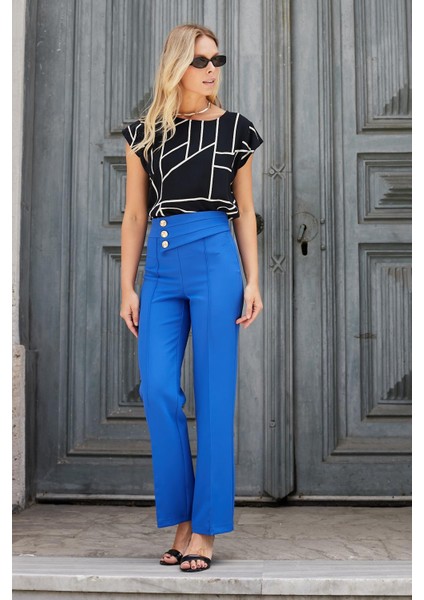 Kadın Yüksek Bel Önü Dikişli Kemeri Düğmeli Rahat Paça Hafif Likralı Kumaş Ofis Pantolon-Saks fiyatları