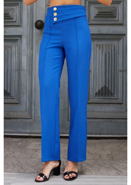 Kadın Yüksek Bel Önü Dikişli Kemeri Düğmeli Rahat Paça Hafif Likralı Kumaş Ofis Pantolon-Saks modelleri