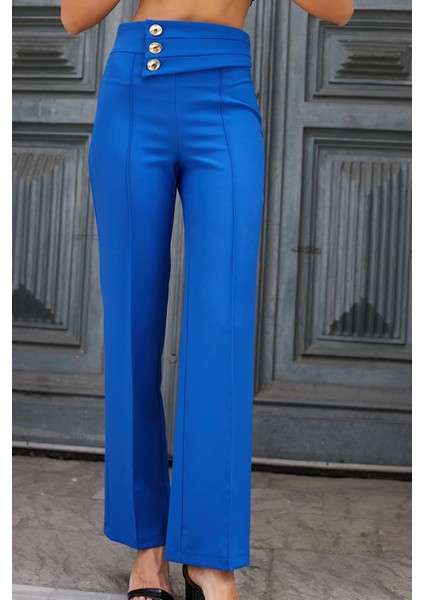 Kadın Yüksek Bel Önü Dikişli Kemeri Düğmeli Rahat Paça Hafif Likralı Kumaş Ofis Pantolon-Saks fırsatları