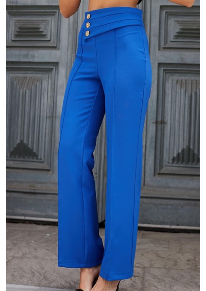 Kadın Yüksek Bel Önü Dikişli Kemeri Düğmeli Rahat Paça Hafif Likralı Kumaş Ofis Pantolon-Saks indirimleri