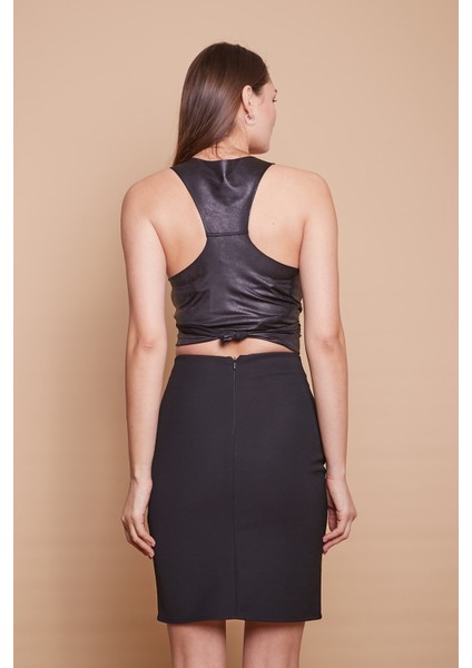 Deri Detaylı Yüksek Bel Hafif Likralı Kumaş Kalem Etek -Siyah fırsatları