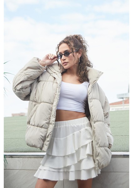 Kadın Mykonos Yüksek Bel Fırfırlı Hafif Mini Etek(Boyu 44CM +-2cm)-Krem