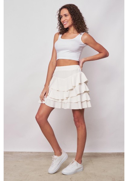 Kadın Mykonos Yüksek Bel Fırfırlı Hafif Mini Etek(Boyu 44CM +-2cm)-Krem modelleri