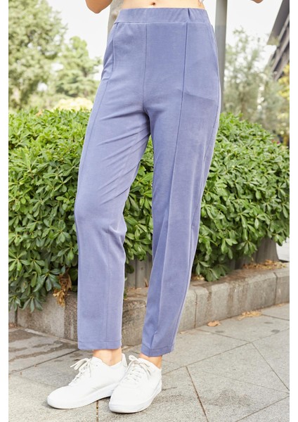 Kadın Modal Ipeksi Likralı Kumaş Yüksek Bel Önden Dikişli Cepli Dar Paça Pantolon-Indigo